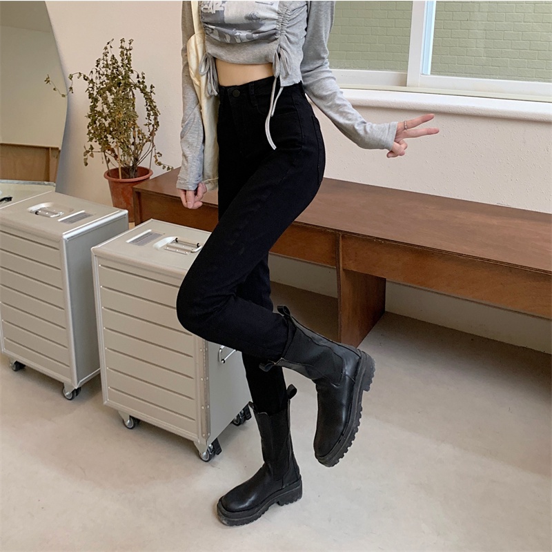 Xiaozhainv Quần jeans nữ lưng cao dáng ôm phong cách Hàn Quốc