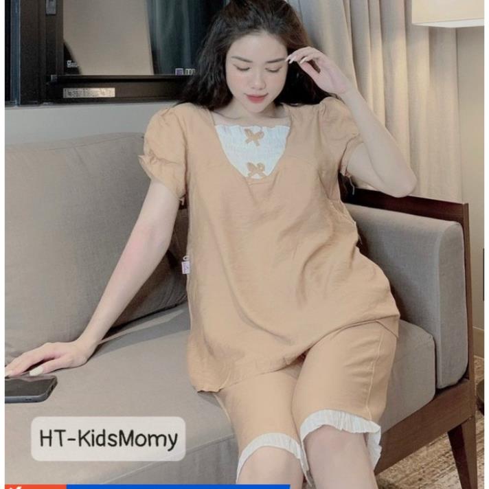 Bộ bầu mặc nhà  phối ren cùng chất đũi mềm mại, có chun rút điều chỉnh bụng THOẢI MÁI