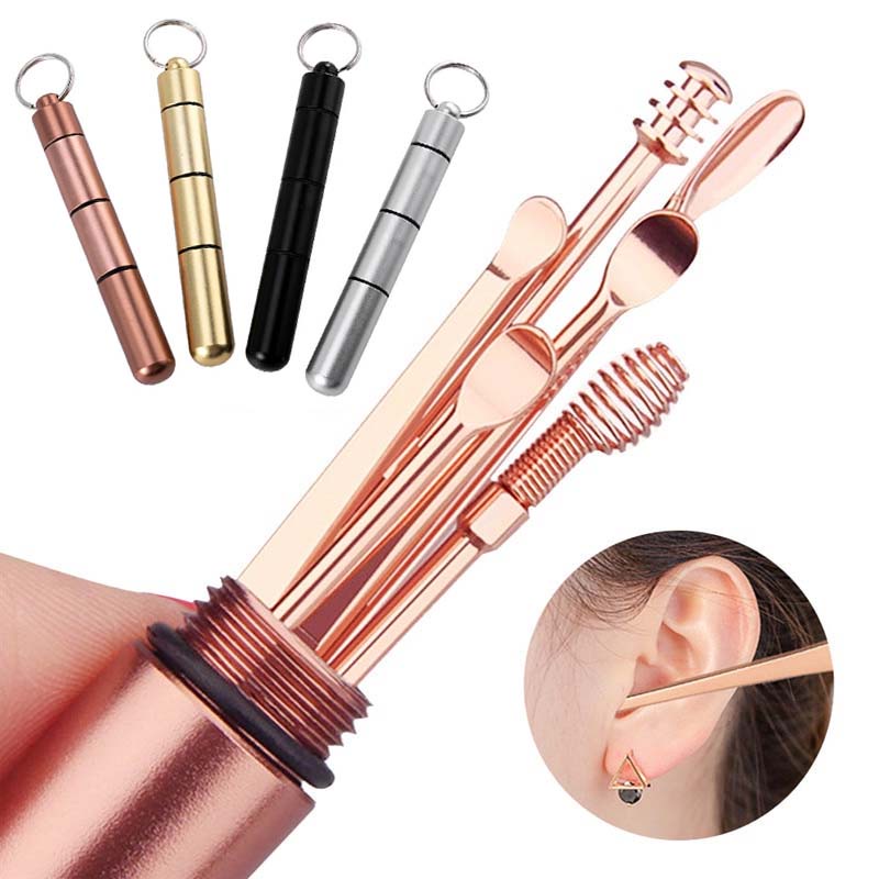 [Hàng mới về] Set dụng cụ vệ sinh tai hai đầu 6 trong 1 bằng thép không gỉ kèm móc khóa