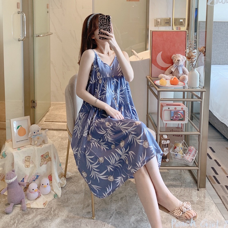 Đầm ngủ 2 dây, đầm mặc nhà hoạ tiết hoa chất liệu cotton lụa mềm mịn Vn30