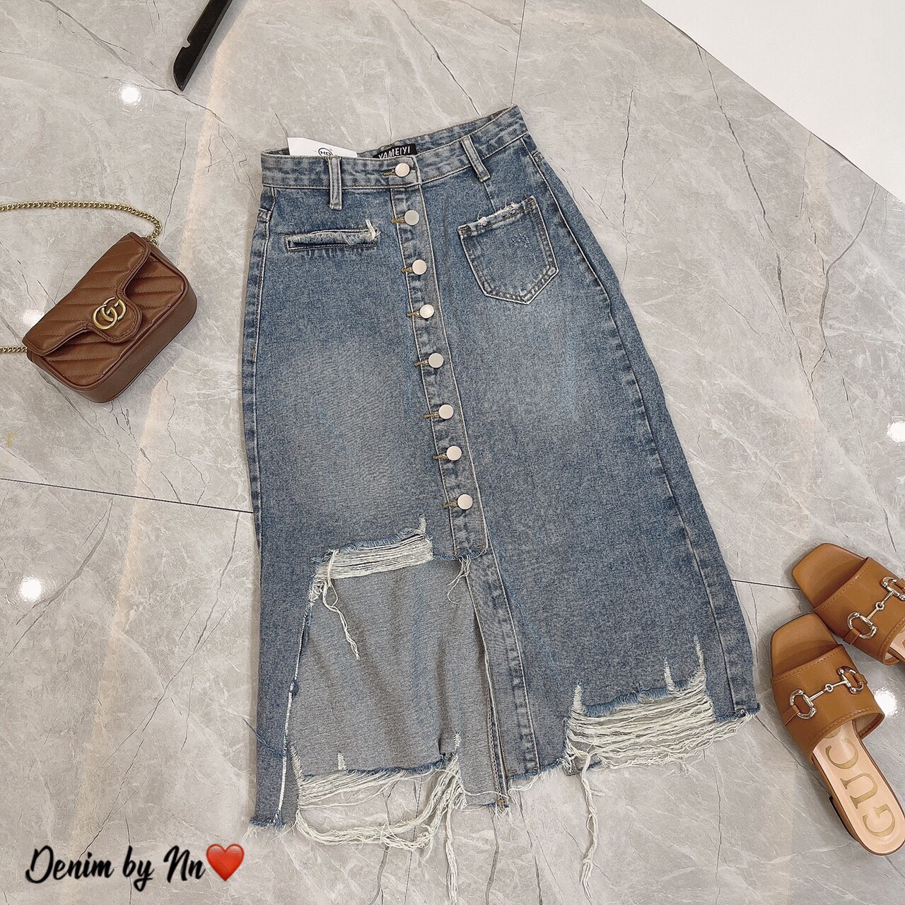 [Siêu Hot] Chân Váy Bò Jeans Ulzzang Dáng Dài Vạt Lệch, Rách, Khuy Dọc Hàng Cao Cấp Loại 1