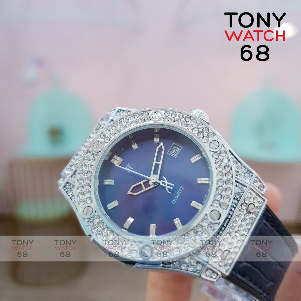 Đồng hồ nữ HULO mặt xanh dây cao su giả da mặt đính đá pha lê chống nước chính hãng Tony Watch 68 -Hàng nhập khẩu