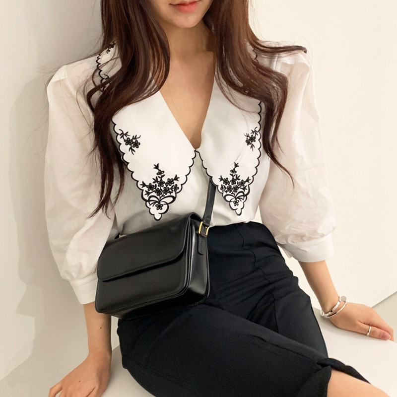 (ORDER) Áo sơ mi nữ MORAN tay phồng cổ bẻ thêu hoa đen trắng style công sở Hàn Quốc sang trọng (MẪU _MỚI_2020)