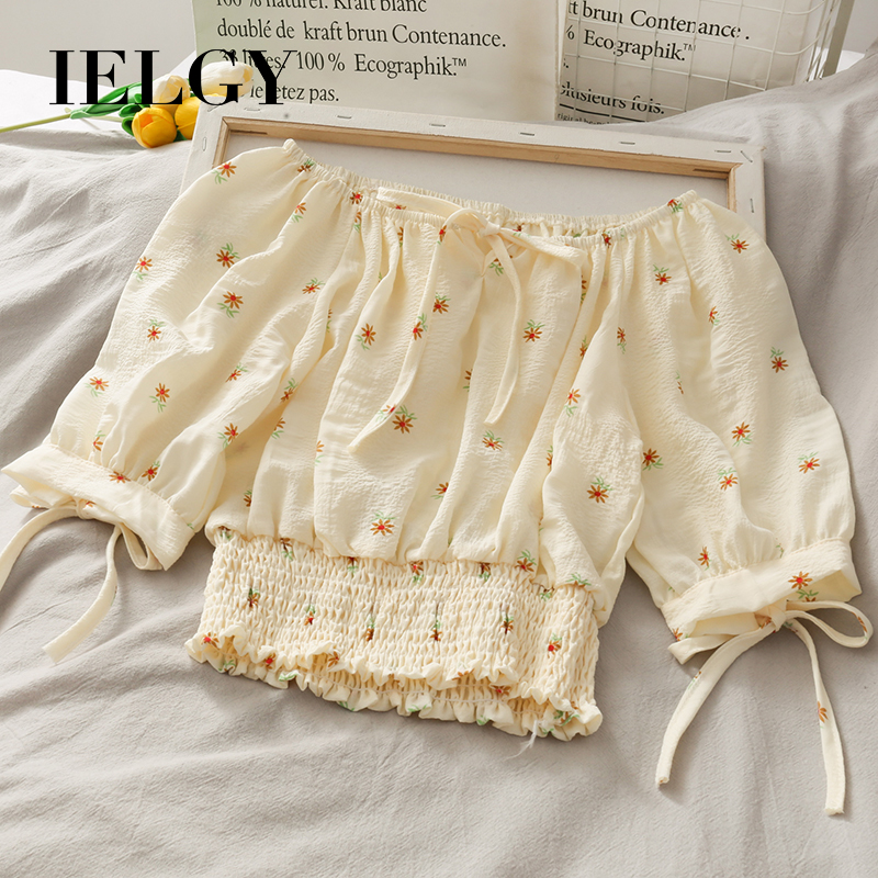Áo croptop IELGY thắt nơ kiểu Pháp cổ thuyền in hoạ tiết hoa cúc cho nữ