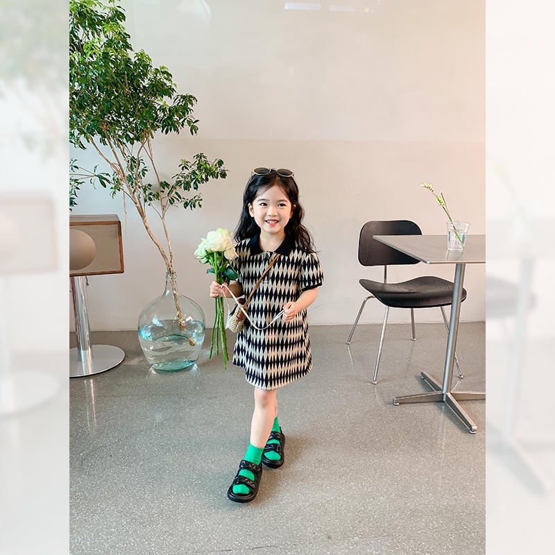 Đầm Thun Cổ Polo Tay Ngắn Họa Tiết Sọc Caro Thời Trang Mùa Hè Cho Bé Gái