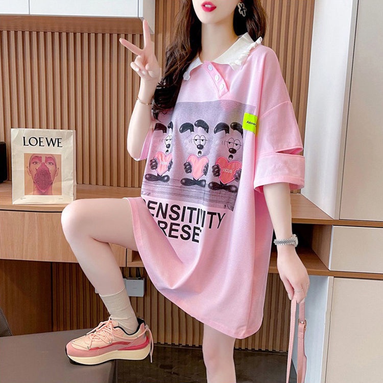 Áo polo Ngắn Tay Dáng Rộng Thêu Họa Tiết Hoạt Hình Thời Trang Mùa Hè Cho Nữ