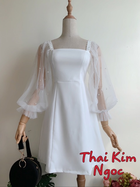 Đầm trắng tay lưới phồng đính hạt Gin siêu xinh kèm ảnh thật/ đầm dự tiệc | WebRaoVat - webraovat.net.vn