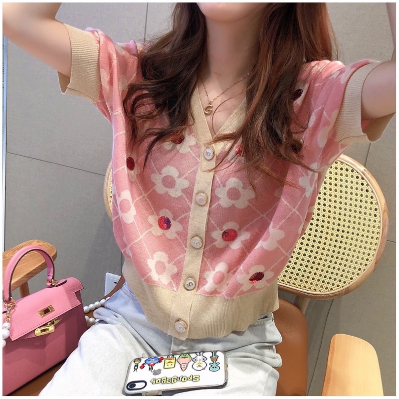 Áo len cardigan thêu hoa đính sequin ngắn tay màu hồng