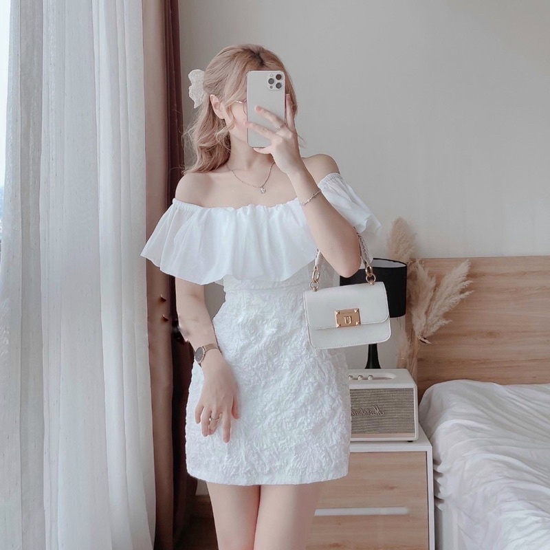 Váy Trễ Vai Xốp Bèo Voan Tơ Cực Phẩm, Đầm Dự Tiệc Xinh