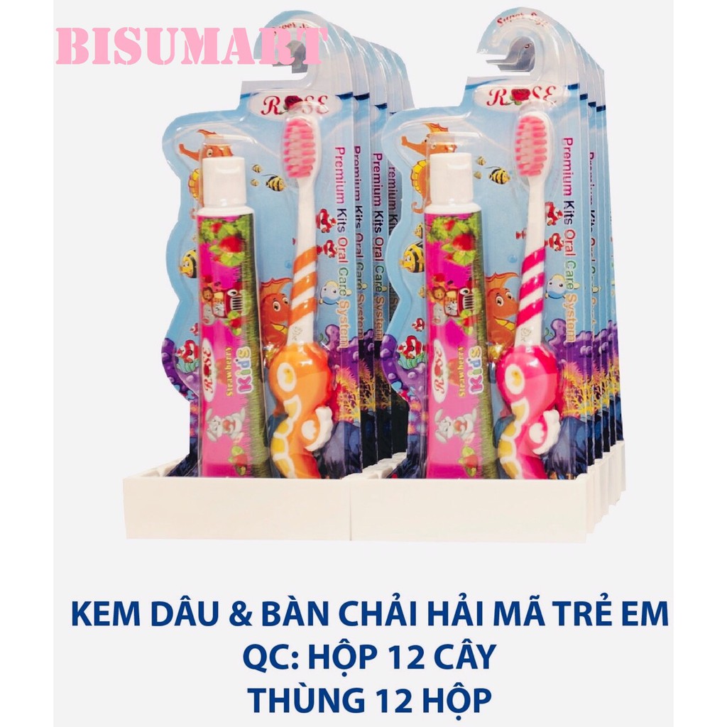 SỈ Hộp 12 cây BÀN CHẢI + KEM ĐÁNH RĂNG VĨ TRẺ EM ROSE