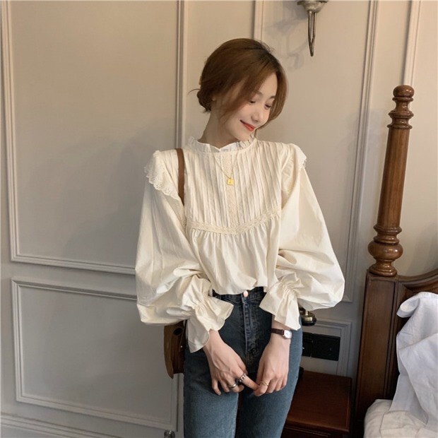 Áo sơ mi viền bèo ren ngực tay phồng - Áo babydoll cánh tiên viền ren bo tay