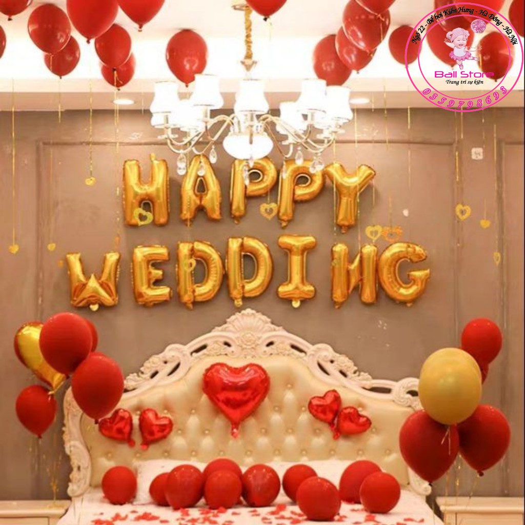 [ TẶNG QUÀ ] Set bóng happy wedding tone đỏ + vàng ( TẶNG BƠM+ BĂNG KEO + RUY BĂNG )