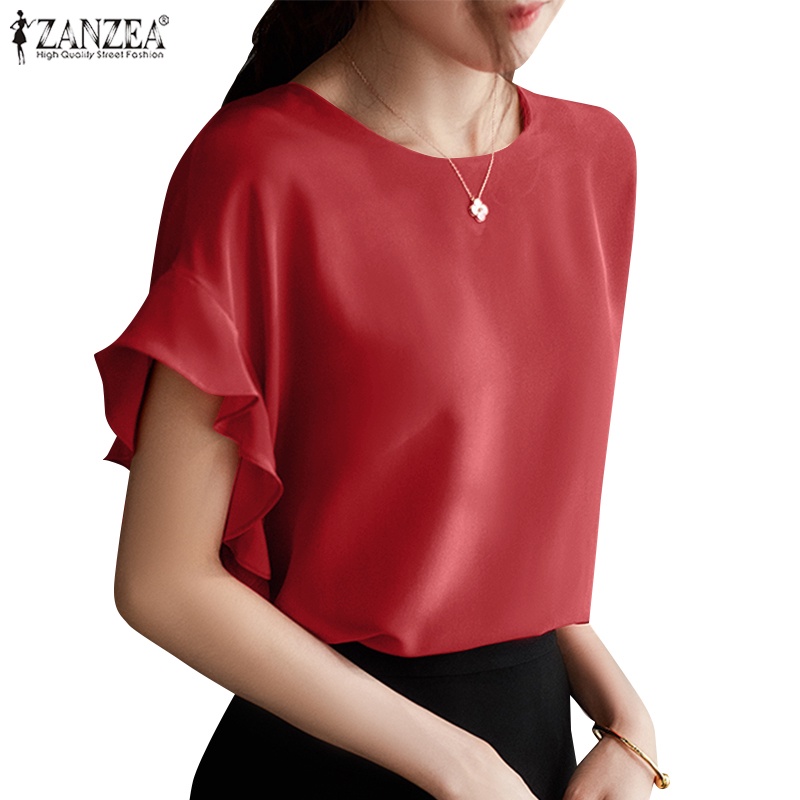 ZANZEA Áo Kiểu Tay Ngắn Cổ Tròn Màu Trơn Dáng Rộng Thời Trang Cho Nữ