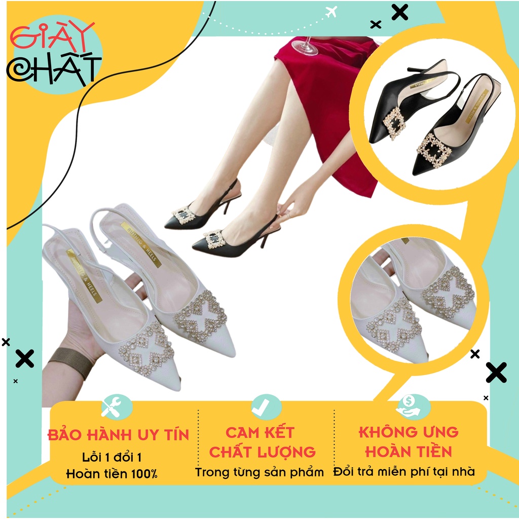 Giày cao gót nữ mũi nhọn gót vuông màu trắng, Giày hở gót nữ đế cao 7p phối đá mẫu mới hot trend