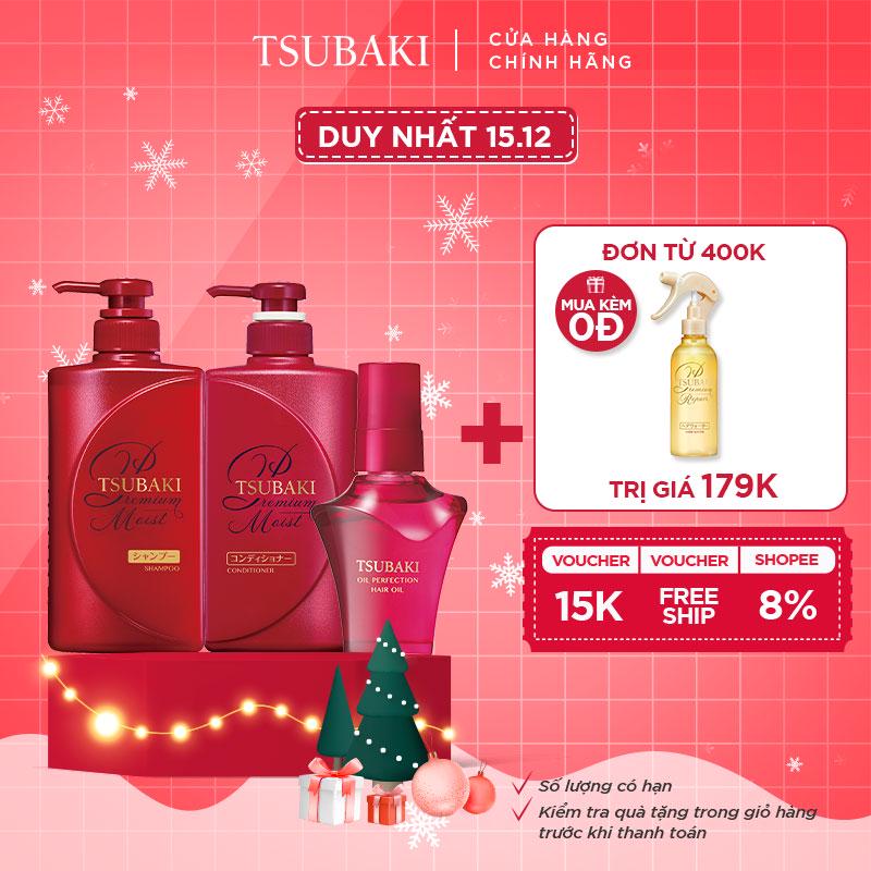 Bộ đôi gội xả và Dầu dưỡng tóc bóng mượt - giảm khô xơ rối Tsubaki Premium Moist (490ml + 490ml + 50ml)_95294