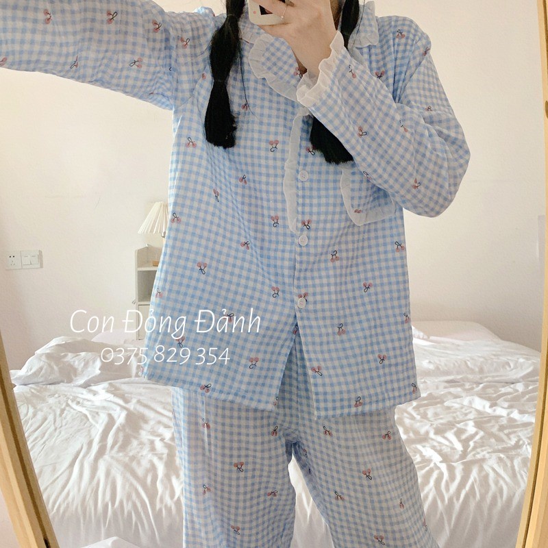 [Có sẵn] Đồ ngủ pijama kẻ caro bèo nhún dài tay chất thun mềm con đỏng đảnh DN003 chất thun mềm | BigBuy360 - bigbuy360.vn