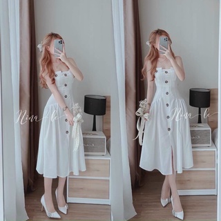 Đầm Dáng Xòe 2 Dây form dài xẻ tà cài nút thật đường may cách điệu dập ly eo cực xinh