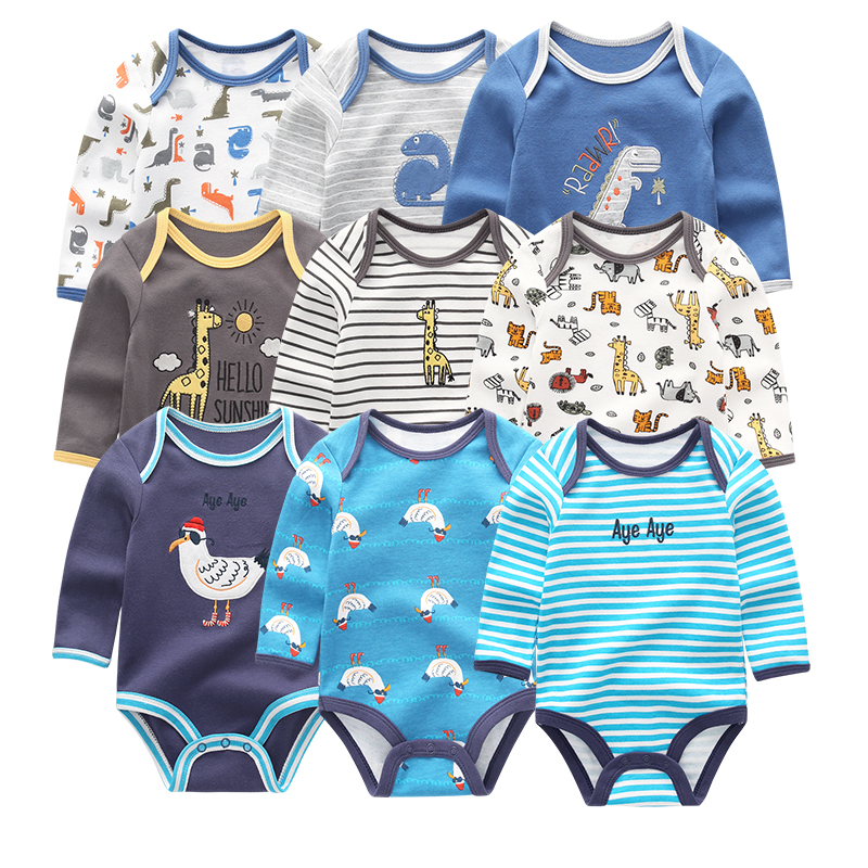 Bộ 3 áo liền thân dài tay in hình đáng yêu dành cho bé từ 0-12 tháng tuổi
