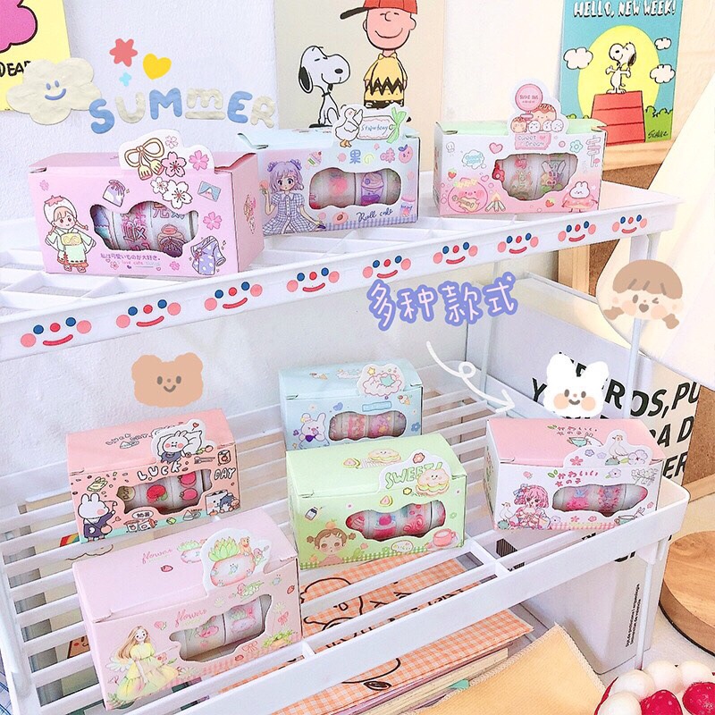 Washi Sticker pilu sét 5 cuộn Băng Dán ánh nhũ dùng để trang trí sổ tay, nhật ký đáng yêu đa năng tiện dụng