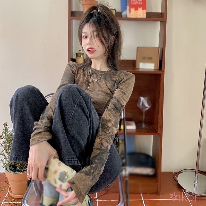 Áo Thun Crop Top Tay Dài Phong Cách Hàn Quốc Màu Nhuộm Độc Đáo Thời Trang Cho Nữ