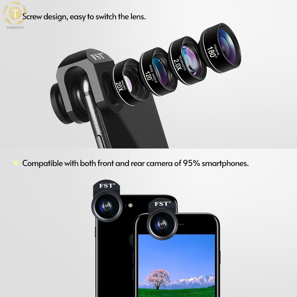 Shipped within 12 hours】 Clip-on Phone Camera Lens Phone Lens Kit 4 in 1 Including 180°Fisheye Lens 120°Wide Angle Lens 20X Macro Lens 2.0X Telephoto Lens with Lens Clip Wiping Cloth Storage Bag EVA Bag Phone Lens [TO]