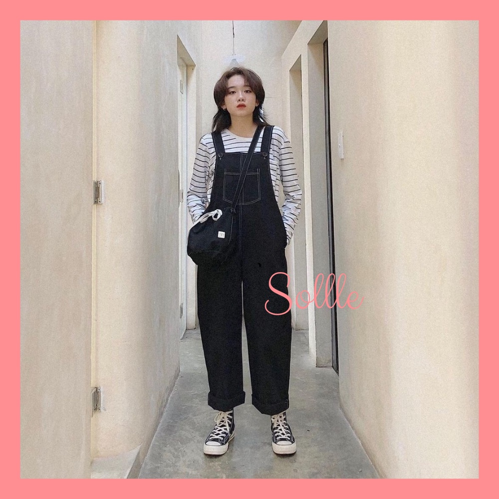 Yếm quần kaki Ulzzang viền chỉ nổi dáng suông phong cách Hàn Quốc Sollle