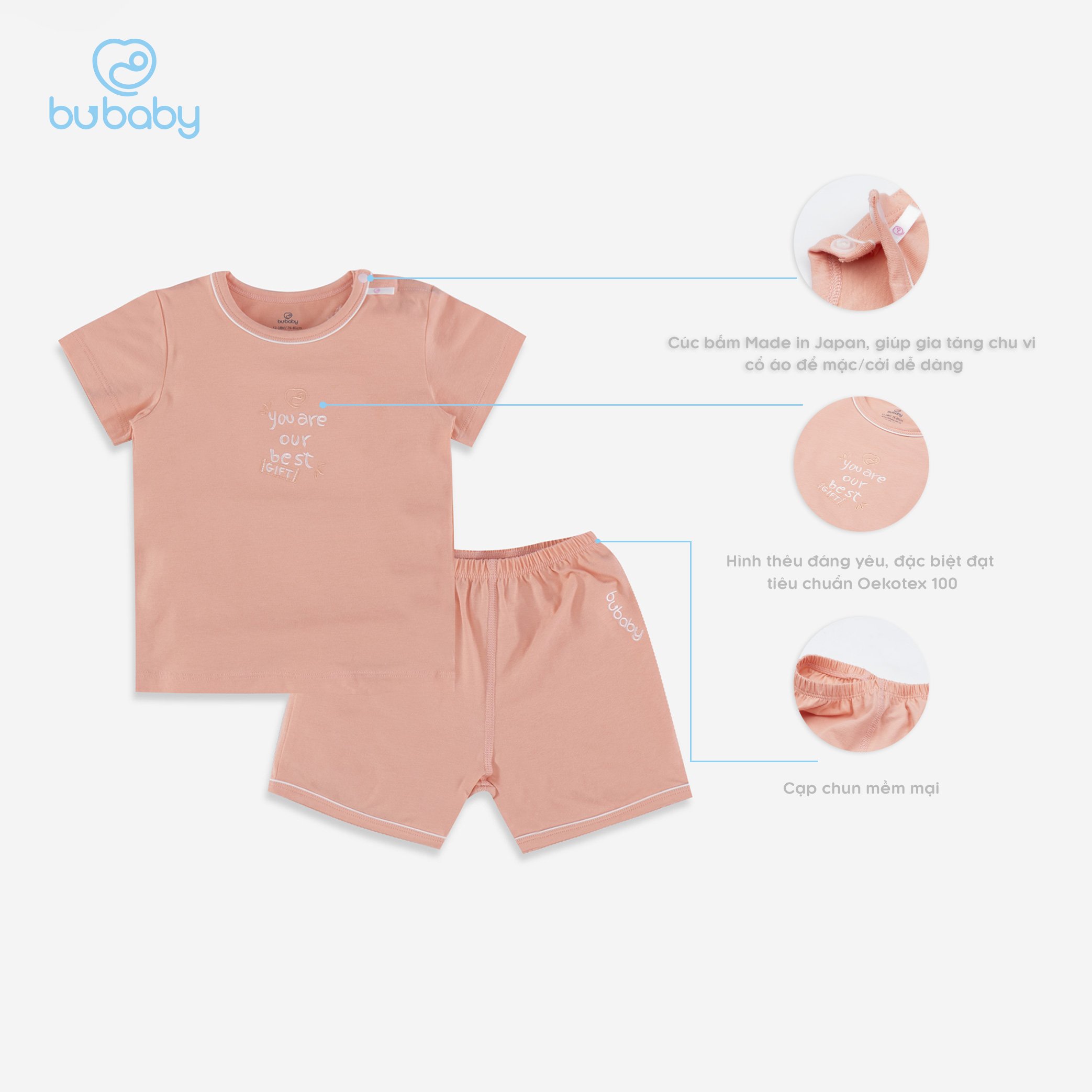 Bộ quần áo Bu Baby cài vai cộc tay cho bé trai và gái từ 6 tháng đến 4 tuổi Buganik Imprint BOC004.01