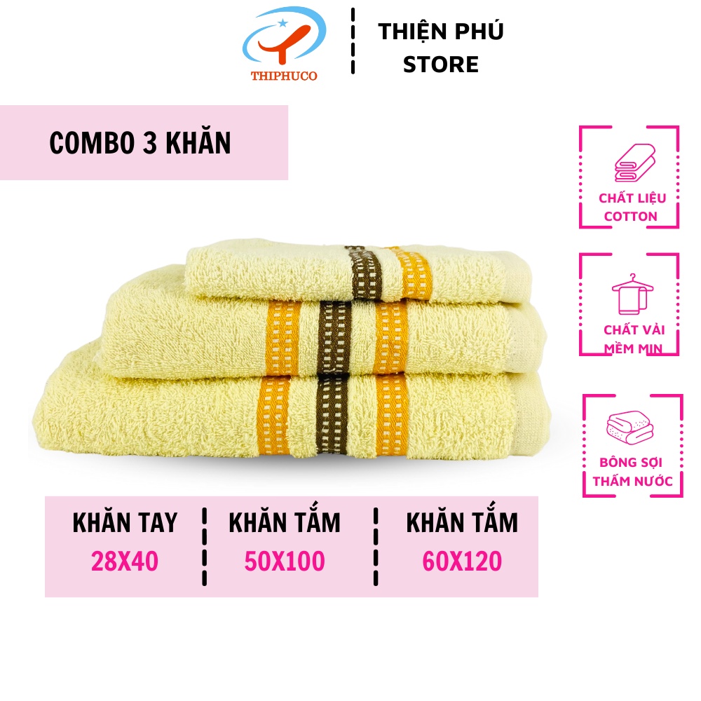 [COMBO 2 KHĂN TẮM + 1 KHĂN TAY] Khăn Cotton Siêu Thấm Hút Thiện Phú SML352 Vải Sợi Bông Mềm Mịn