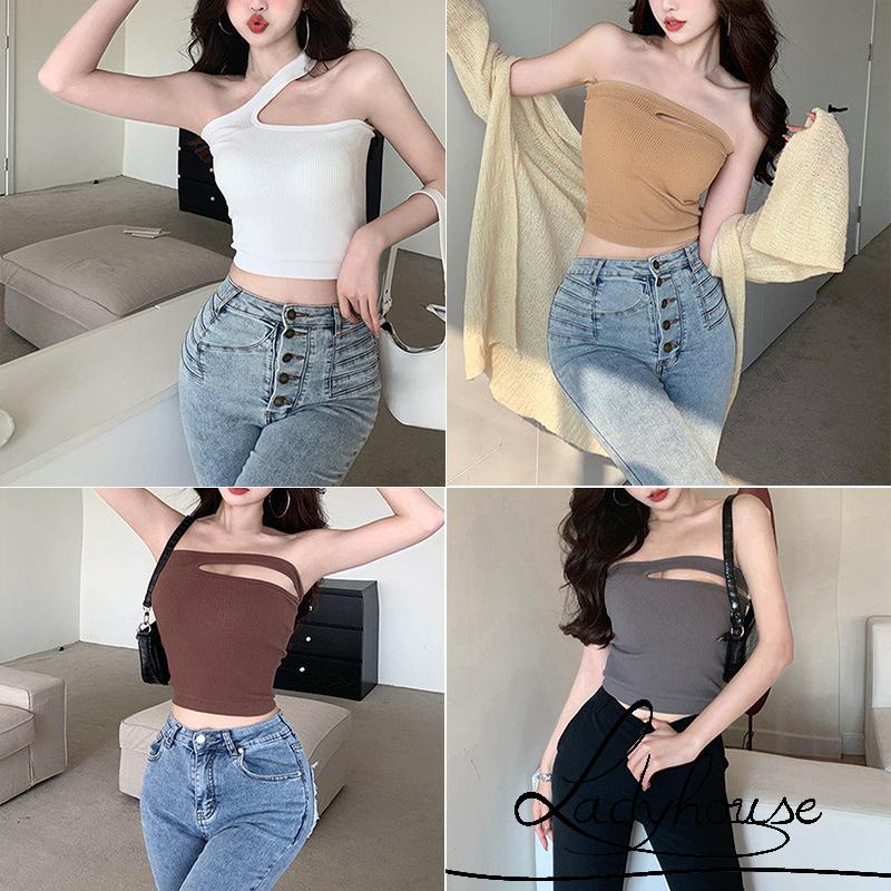 Áo Dệt Kim Sát Nách Hở Rốn Màu Trơn Có Miếng Đệm Ngực Thời Trang Cho Nữ