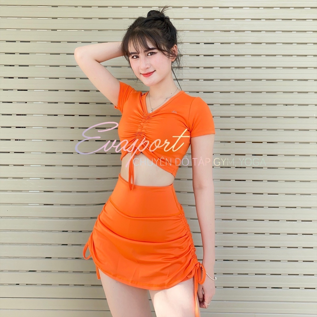 Bikini bộ bơi áo tay lửng rút ngực phối váy dây rút quần đùi kín đáo dễ thương EVA TLVDR