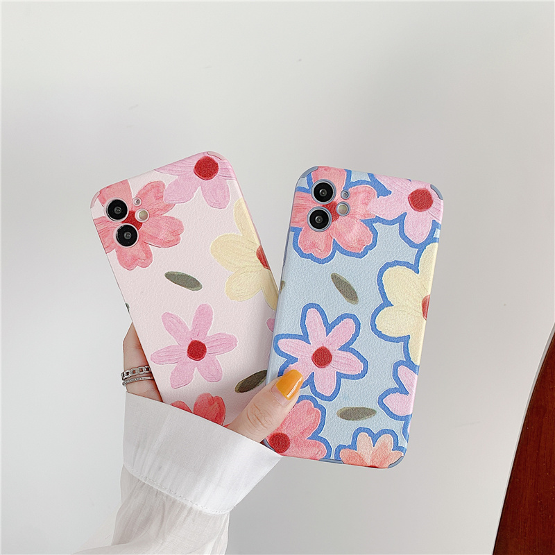 Ốp điện thoại da bảo vệ ống kính hoạ tiết hoa màu xanh dương kiểu tranh sơn dầu cho iPhone 12 Pro Max iP11 X XR | BigBuy360 - bigbuy360.vn