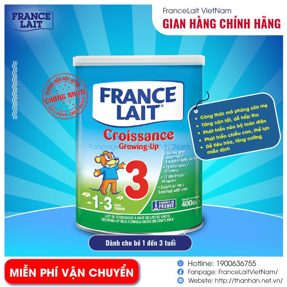 Sữa Công Thức France Lait 3 Pháp Hỗ Trợ Phát Triển Trí Não Cung Cấp Chất Xơ Cho Bé 400g/900g