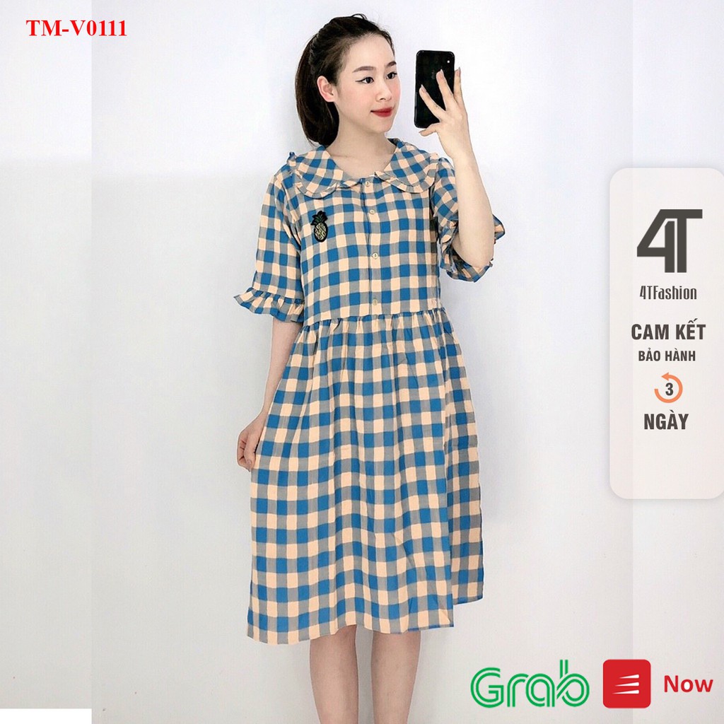 Váy bầu 4T Fashion  - Đầm bigsize kẻ caro dáng dài cổ sen chất cotton siêu mát