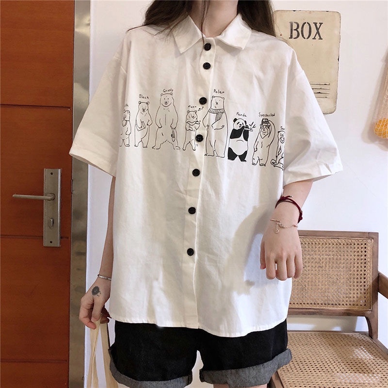 Áo Sơ Mi Trắng Tay Ngắn Dáng Rộng In Họa Tiết Hoạt Hình Phong Cách Nhật Bản Thời Trang Mùa Hè Cho Nữ