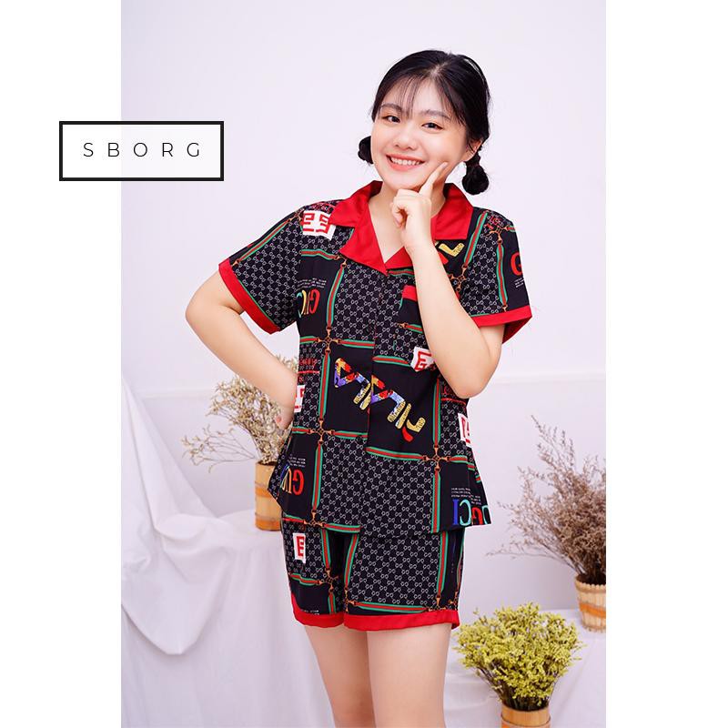 Đồ bộ mặc nhà SBORG bộ lụa hàn họa tiết sang trọng tay ngắn viền ren quần đùi có túi sâu 45-65kg quà tặng vợ