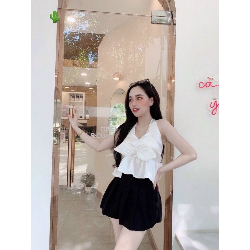 [Dưới 52kg] Áo yếm phi bóng choàng cổ đính nơ to hở lưng PC sexy gợi cảm siêu đẹp