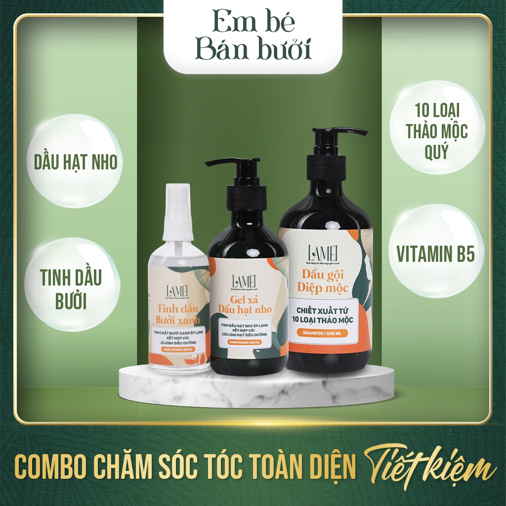 Combo [Tiết Kiệm] Dầu Gội 500 ml, Gel Xả 300 ml Và Tinh Dầu Bưởi Xanh Lamei 100 ml Chăm Sóc Tóc Toàn Diện