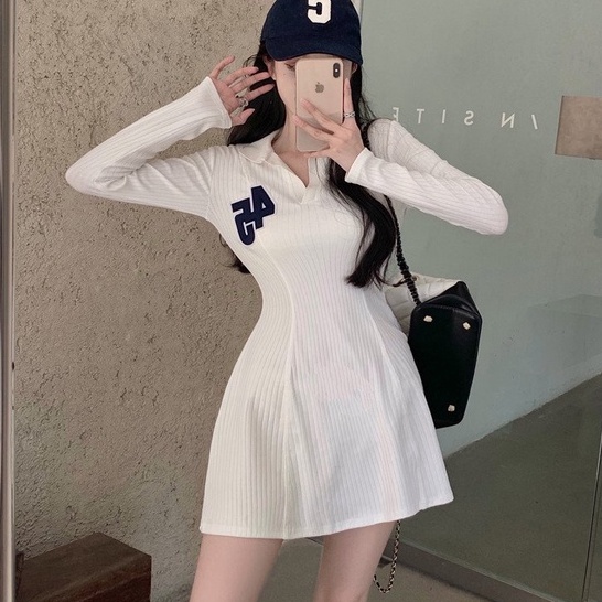 Váy Thun Tăm Polo Dài Tay Đầm Xoè Cổ Sơ Mi Thêu Số 45 Dáng Bassic Sexy Hàn Quốc | BigBuy360 - bigbuy360.vn