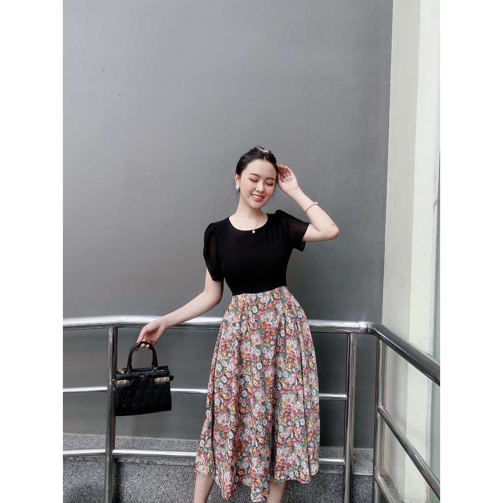 Đầm xòe phối chân váy hoa thanh lịch DAM07 - Lady Fashion