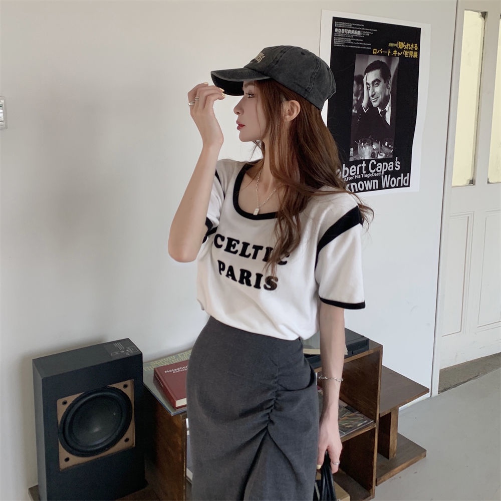 Bộ Áo Thun Ngắn Tay Ghép Màu Phối Chân Váy Dài Trung Bình Thời Trang Mùa Hè Cho Nữ