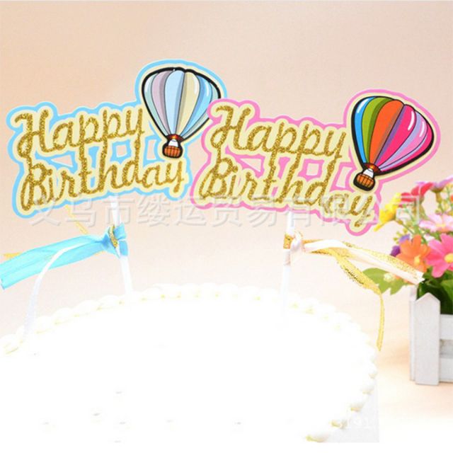 Topper nhũ Happy birthday khí cầu cắm bánh sinh nhật cao 19Cm, trang trí bánh kem, hình khinh khí cầu