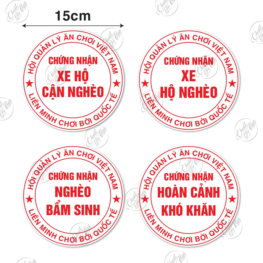 Bộ 4 logo tem hình dán decal chống nước sticker đường kính 15cm chứng nhận XE HỘ CẬN NGHÈO BẨM SINH hoàn cảnh khó khăn