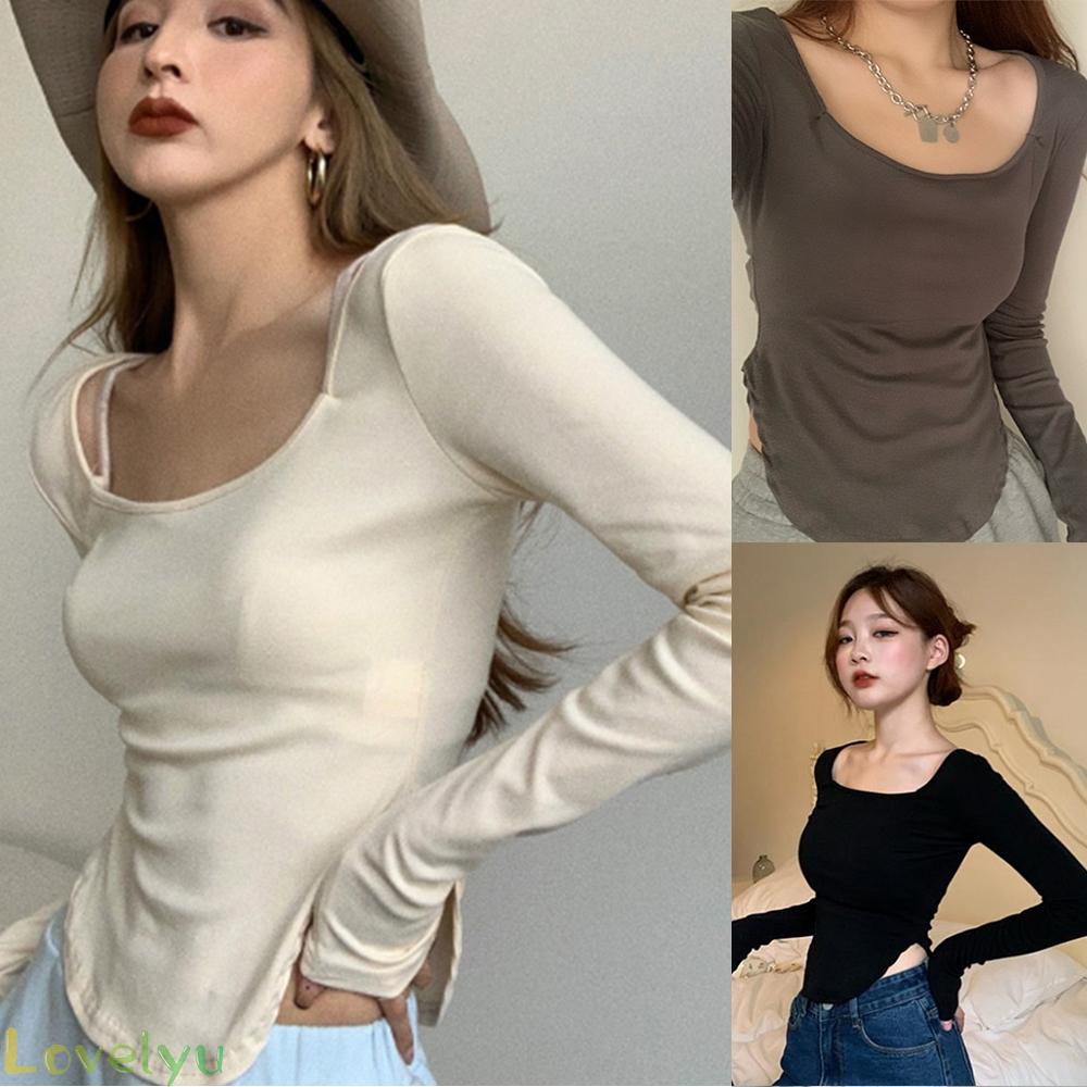 ◀READY▶Women Long Sleeve Tee Soft Comfort Irregular TShirt Retro Slim fit U Neck Top LsAajYZl# Good Quality