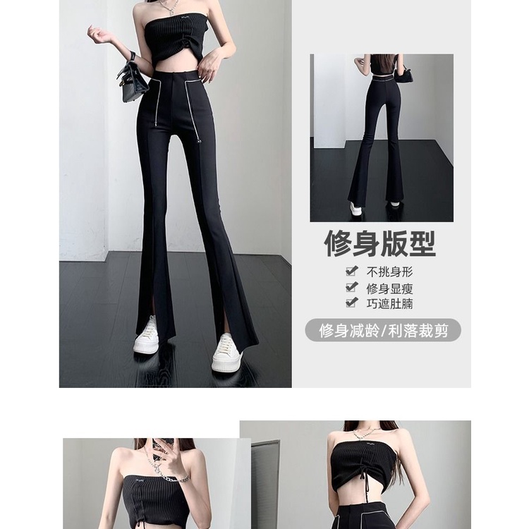 Quần Dài Ống Loe Lưng Cao Xẻ Tà Màu Đen Thời Trang Mùa Hè Cho Nữ