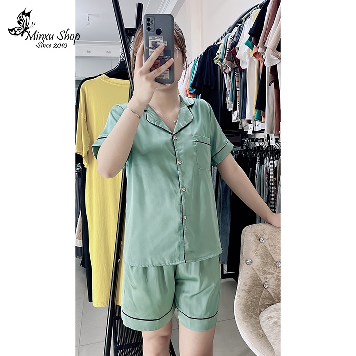 Bộ ngủ pijama trơn, bộ lụa quần đùi áo ngắn tay thiết kế viền trẻ trung lịch sự Minxu Shop PT01