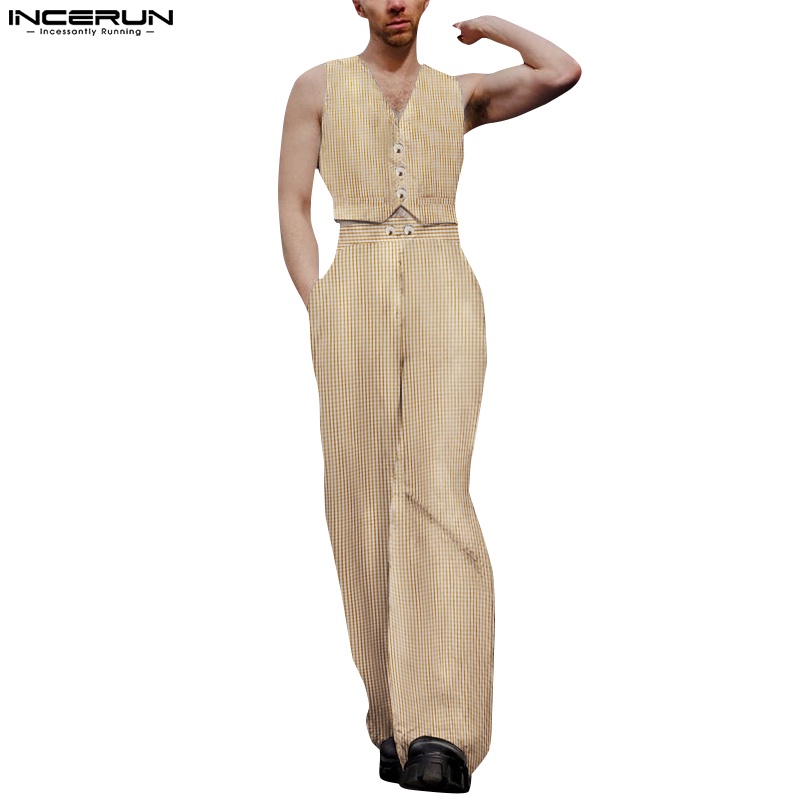 Set áo ghi lê và quần dài INCERUN họa tiết caro thời trang cho nam