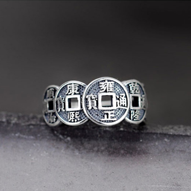 Nhẫn bạc 925 hình đồng xu Trung Quốc cổ điển có thể điều chỉnh cho nữ