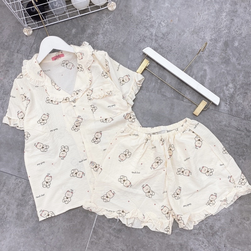 Bộ pijama đũi xốp tay cộc quần đùi viền bèo mặc nhà nữ, Đồ ngủ nữ xinh hoạ tiết siêu mát mùa hè