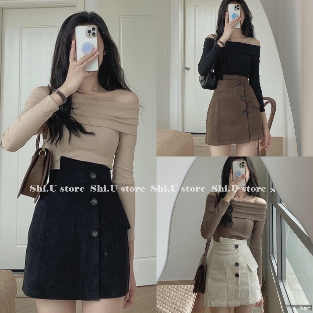 Áo Len Tăm Tay Dài Nữ Trễ Vai Ulzzang Phong Cách Hàn Quốc Xinh Xắn