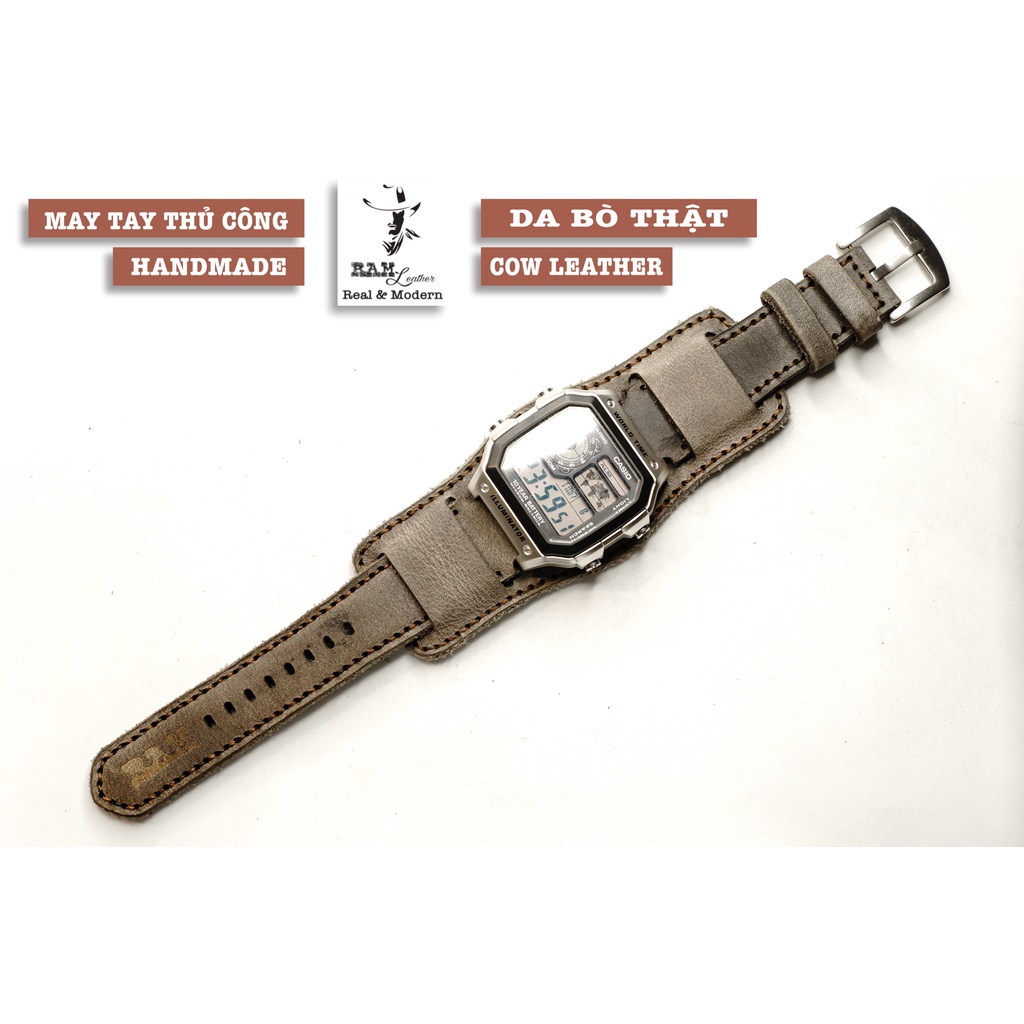Combo Dây đồng hồ RAM Leather B2 cho CASIO 1200, AE 1200, 1300, 1100, A159 , A168 , Size 18 da bò xám